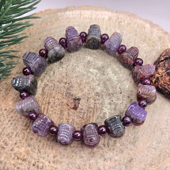 Nature Auralite 23 Hand Carved Pi Xiu Purple Garnet Feng Shui Bracelet - Picture 9 of 10